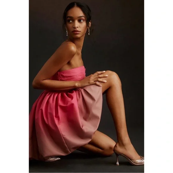 ANTHROPOLOGIE Ombre Bubble Strapless Mini Dress Smocked Pink Vineet Bahl 6 NWT